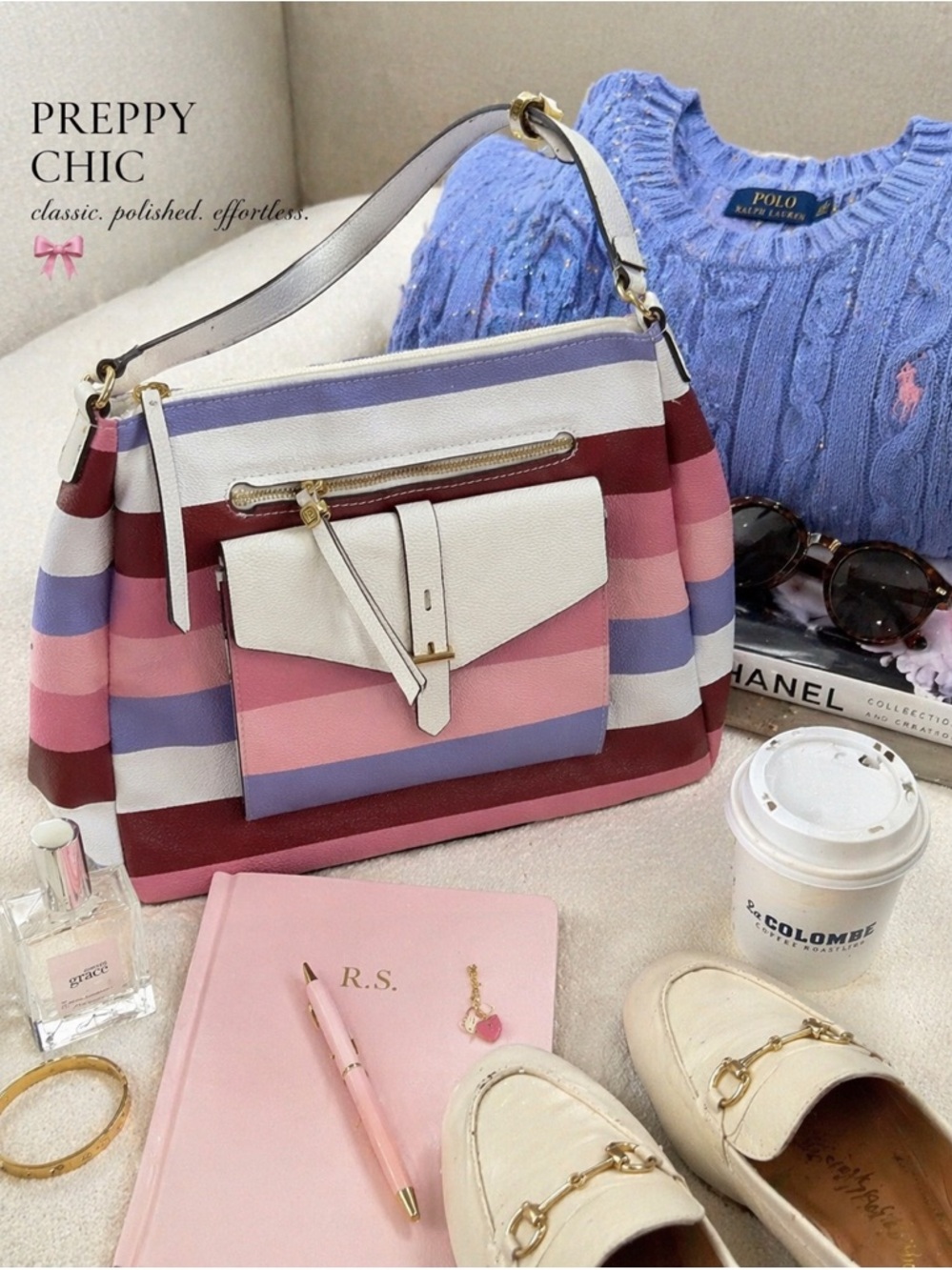 Liz Claiborne Striped Shoulder Bag in White, Pink, Lavender & Burgundy